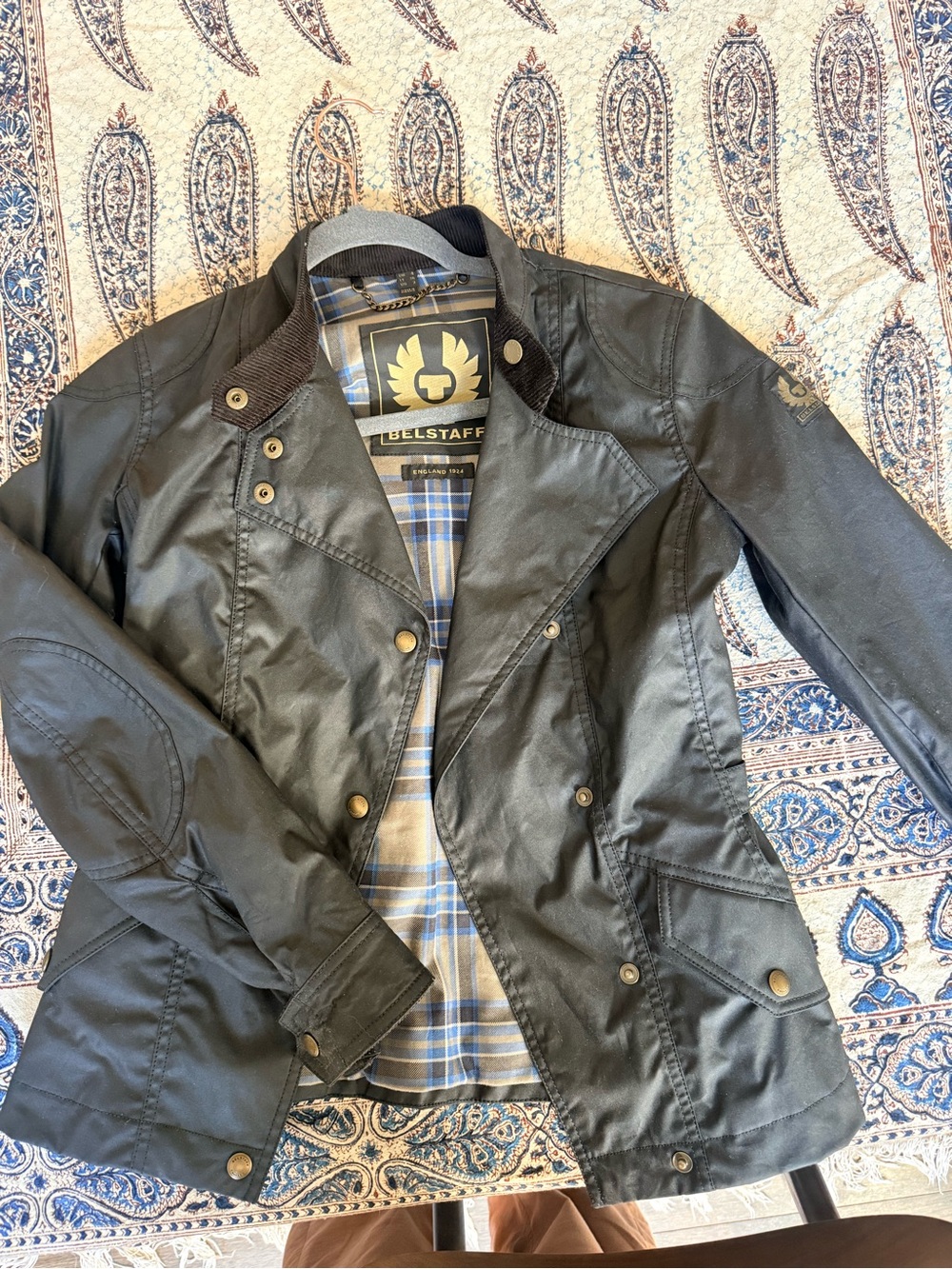 Belstaff Black Waxed Cotton Utility Jacket with Blue Plaid Lining